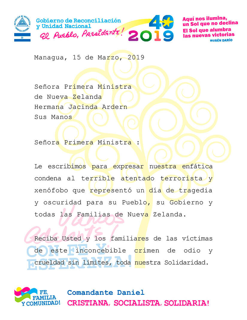 Nicaragua condena atentado terrorista en Nueva Zelanda
